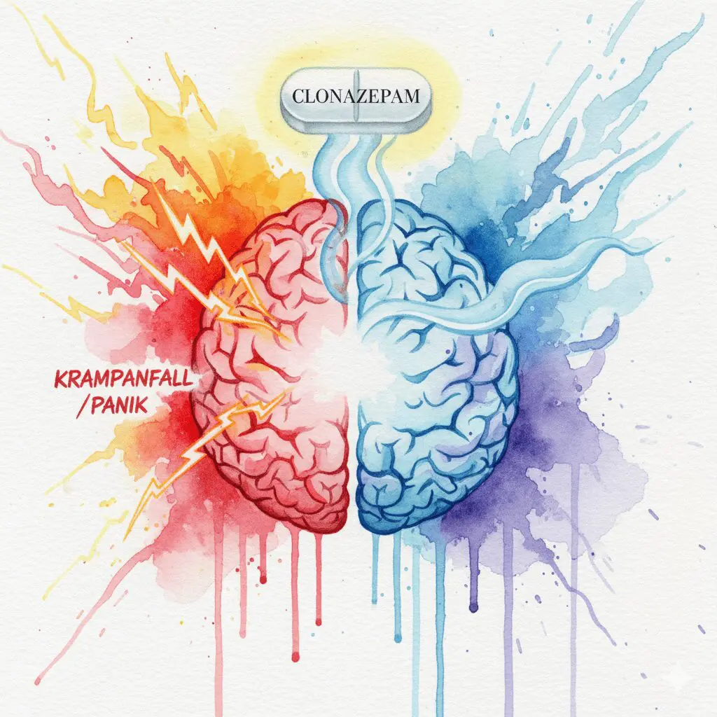 Künstlerische Darstellung der antikonvulsiven und angstlösenden Wirkung von Clonazepam, das neuronale Übererregung beruhigt.