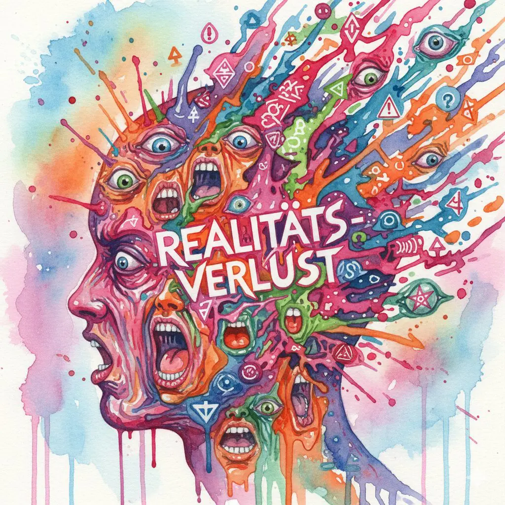 Ein Kopf, der in einer Explosion aus paranoiden Symbolen und Augen zerbirst, als Symbol für den Realitätsverlust bei einer Drogenpsychose.