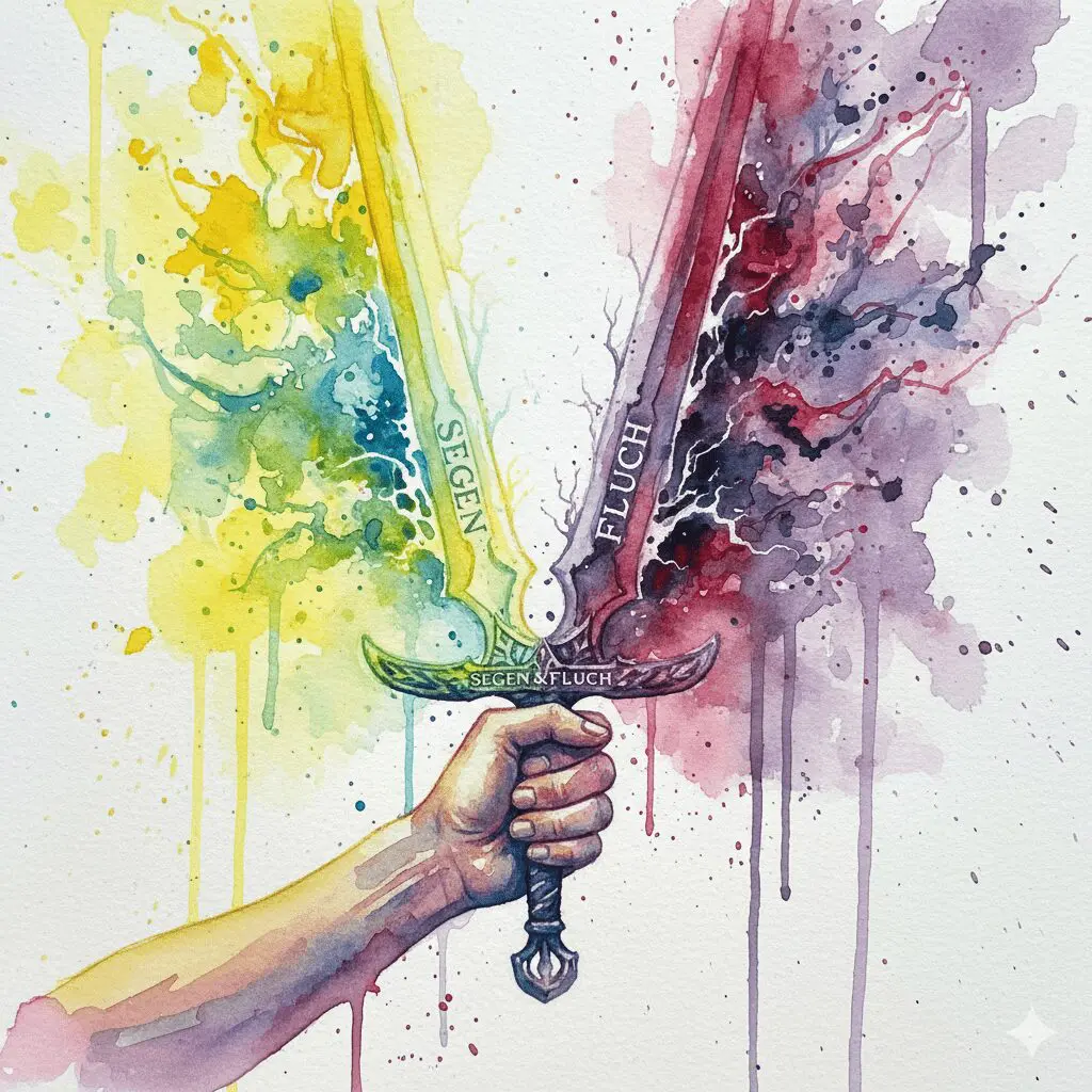 Ein leuchtendes, aber zweischneidiges Schwert, das Segen und Fluch symbolisiert. Metapher für die duale Natur der EMDR-Therapie bei Sucht.