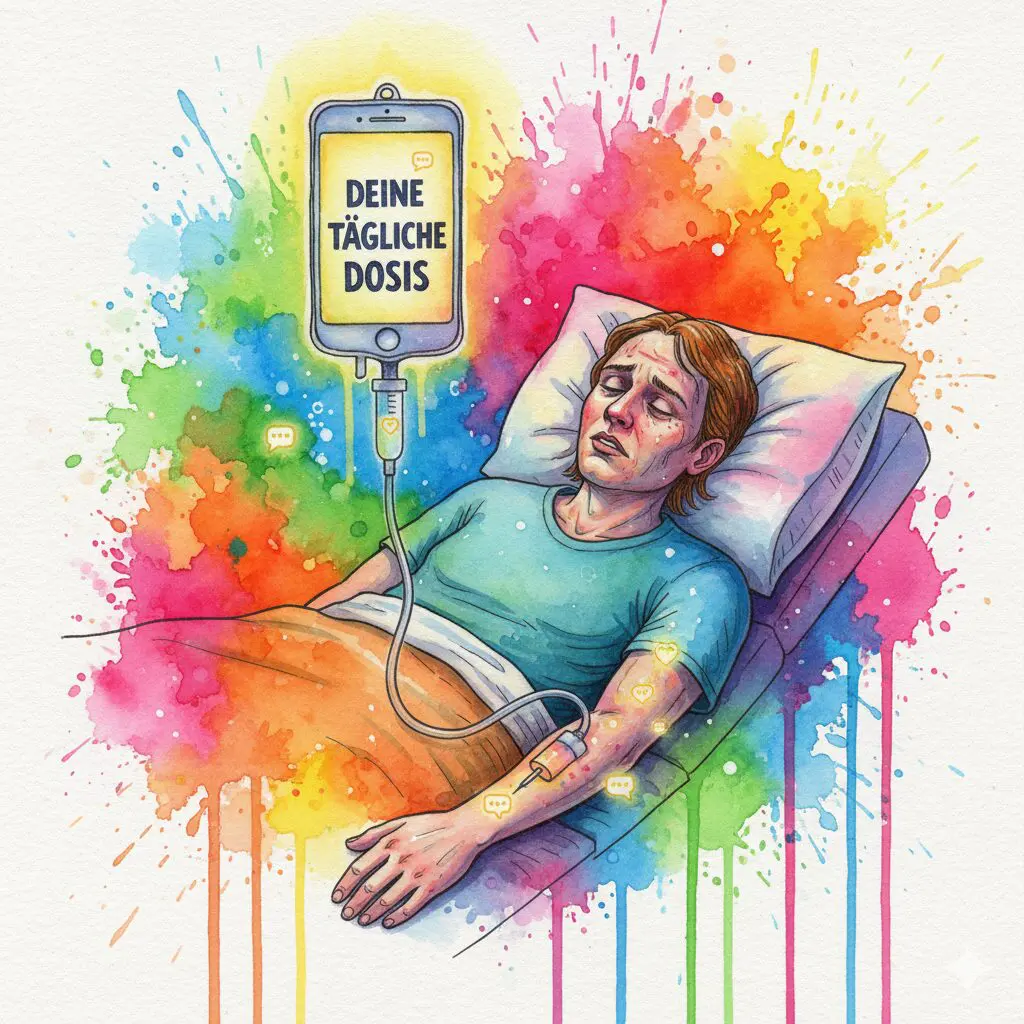 Eine Person, die an einem Tropf mit Herzen und Textnachrichten hängt, als Symbol für emotionale Abhängigkeit und "Liebessucht".