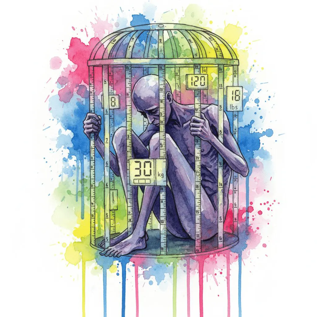 Künstlerische Darstellung einer Essstörung als Sucht nach Kontrolle, gezeigt als eine Person in einem Käfig aus Maßbändern und Zahlen.