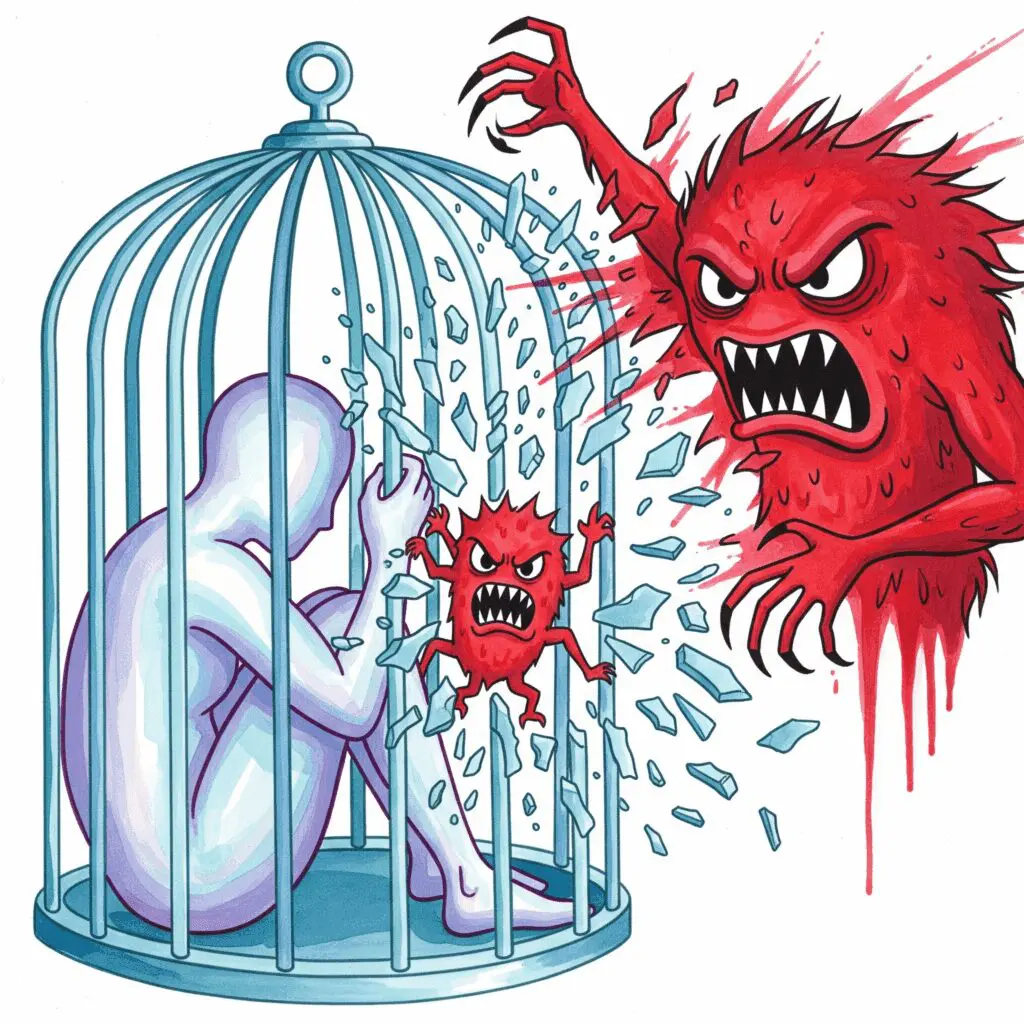 Symbolische Darstellung der Rebound-Angst beim Benzodiazepin-Entzug, bei der die Angst stärker als zuvor zurückkehrt.