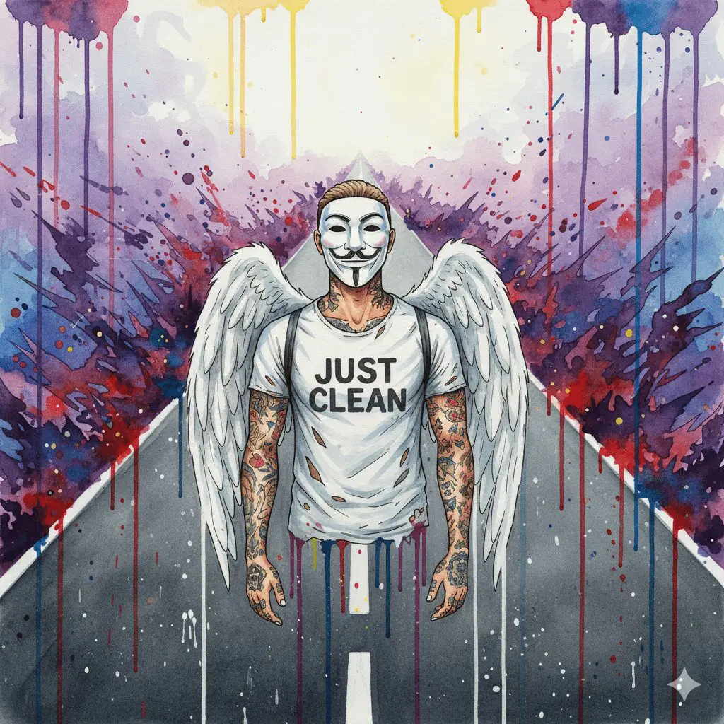 NeelixberliN-Figur steht auf einer langen, stabilen Straße (Substitution), die durch eine chaotische Landschaft (Sucht) führt.