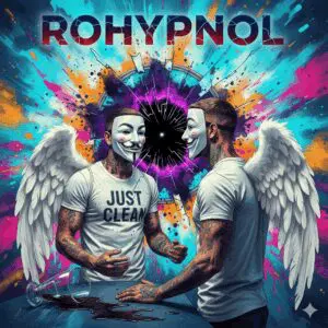 Titelbild zum Rohypnol-Artikel. Die NeelixberliN-Figur blickt in einen zerbrochenen Spiegel, dessen Spiegelbild ein schwarzes Loch ist, symbolisch für Amnesie und Kontrollverlust. Ein umgekipptes Glas mit dunkler Flüssigkeit und der Titel "ROHYPNOL" sind ebenfalls zu sehen.