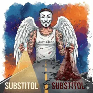 Titelbild zum Substitol-Artikel: NeelixberliN-Figur mit Anonymous-Maske und Engelsflügeln hält eine intakte Substitol-Kapsel (stabiler Weg) und eine zerbrochene Kapsel mit Pulver (gefährlicher Abgrund). Der Titel "Substitol" erscheint auf beiden Wegen.