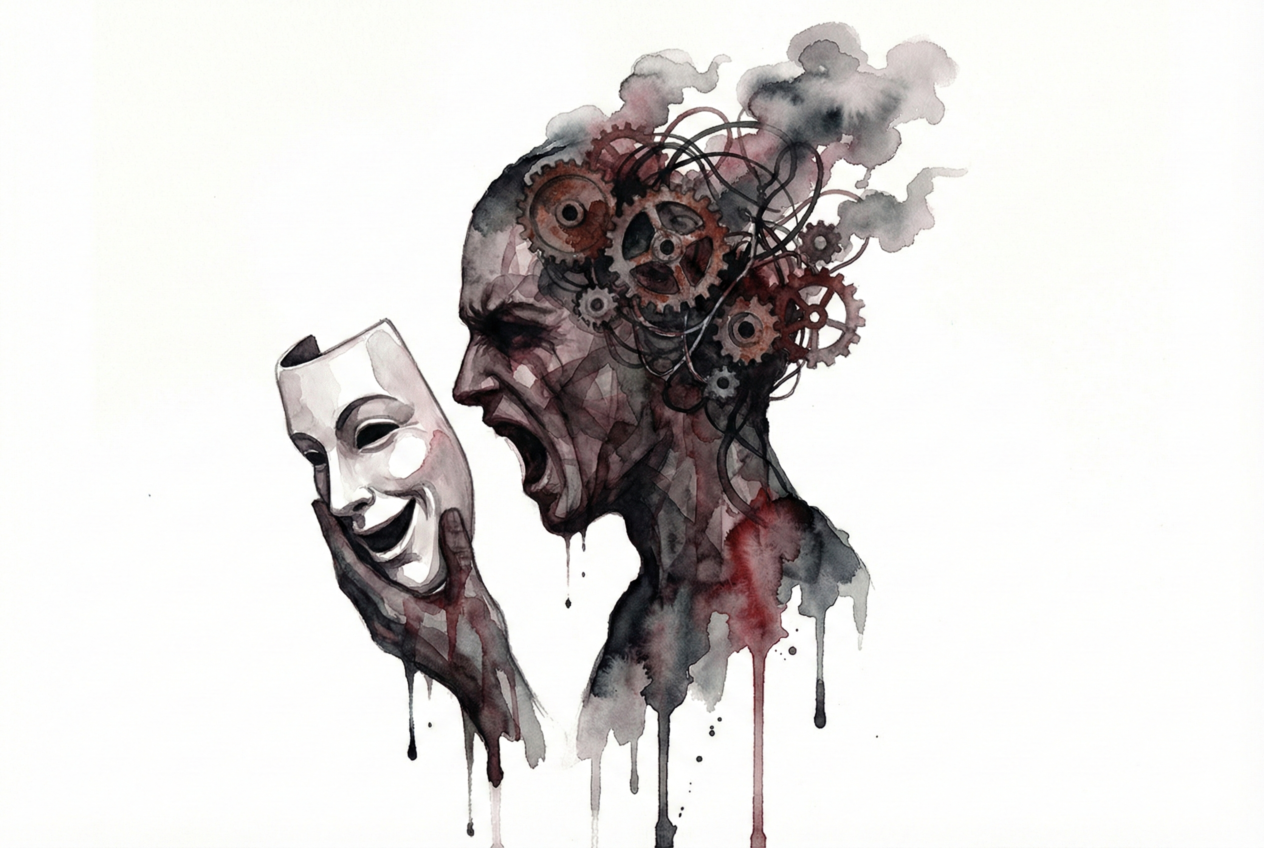 Illustration eines Suchtkranken, der eine lächelnde Maske trägt, um den inneren Schmerz und die Sucht zu verbergen.