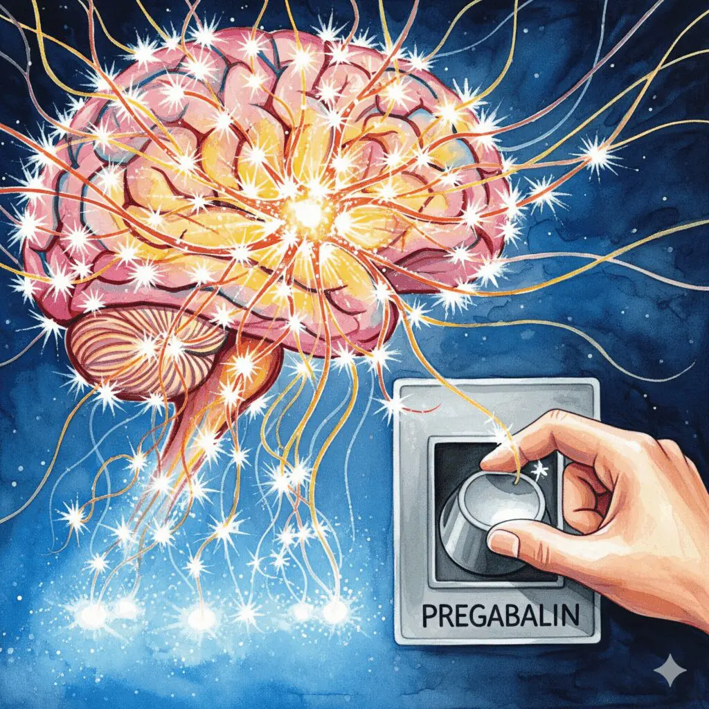Alt-Text: Künstlerische Darstellung der Wirkung von Pregabalin, das die überaktiven Nervenzellen im Gehirn "dimmt" und beruhigt.