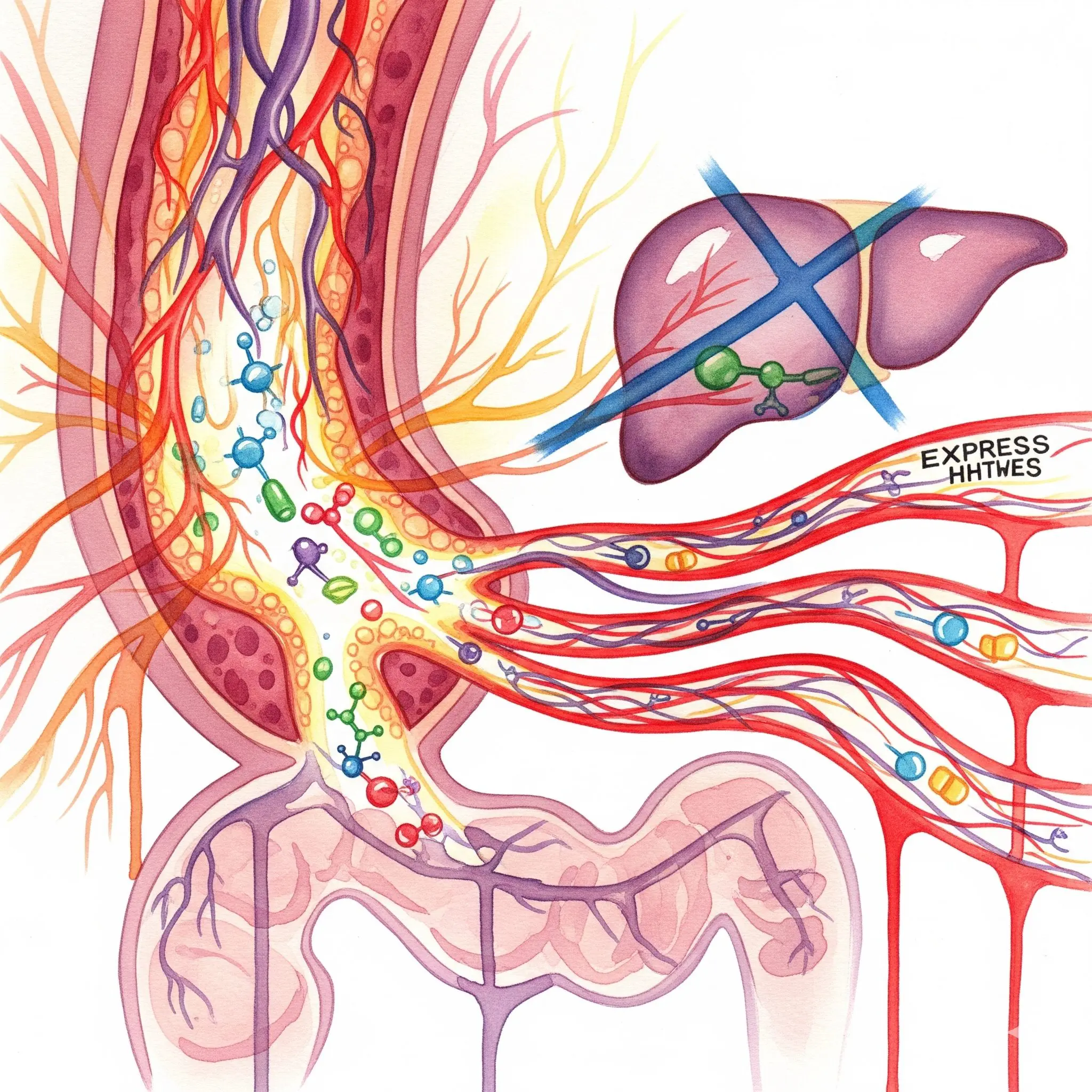 Künstlerische Darstellung der schnellen Aufnahme von Drogen über die Darmschleimhaut, die den First-Pass-Effekt der Leber umgeht.