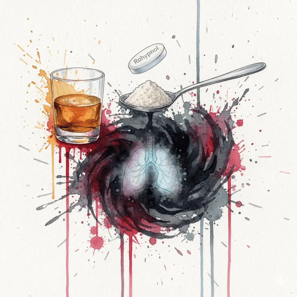 Symbolische Darstellung der tödlichen Gefahr von Mischkonsum von Rohypnol mit Alkohol oder Opioiden, die zu Atemstillstand führt.