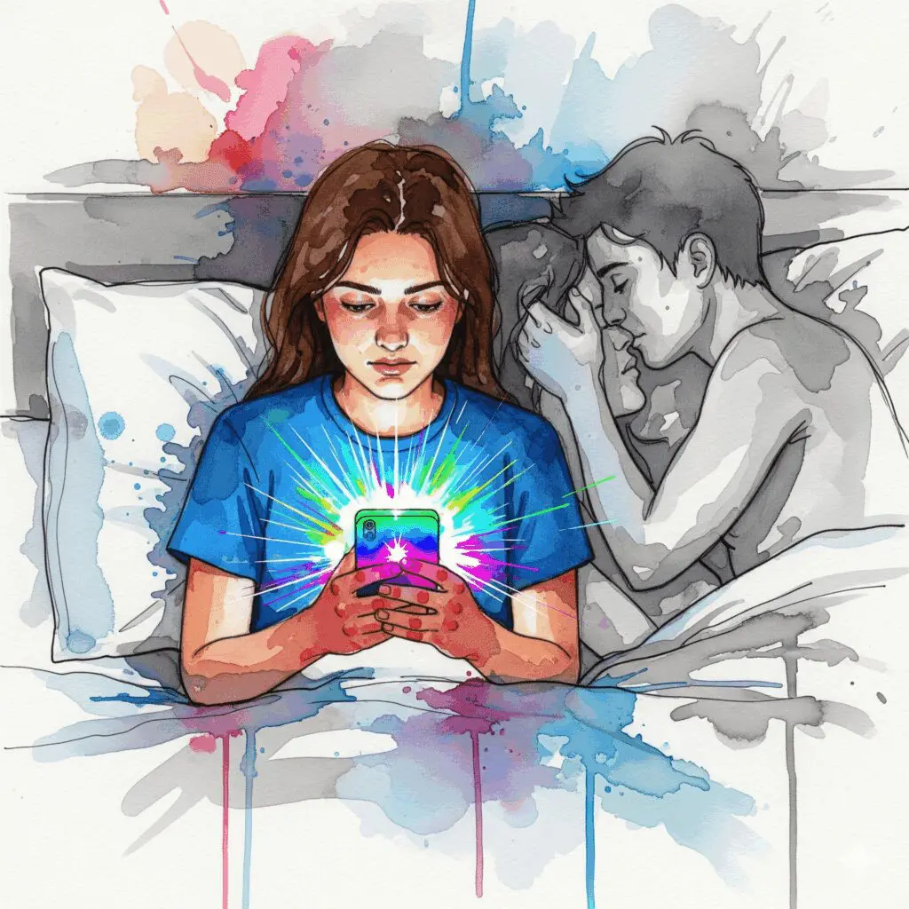 Symbolische Darstellung, wie Pornosucht und Sexsucht die Wahrnehmung für echte Intimität abstumpfen lassen und Beziehungen zerstören.