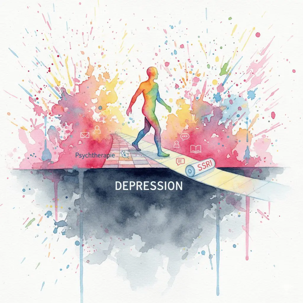 Symbolische Darstellung von SSRIs als unterstützende Brücke in Kombination mit dem aktiven Weg der Psychotherapie.