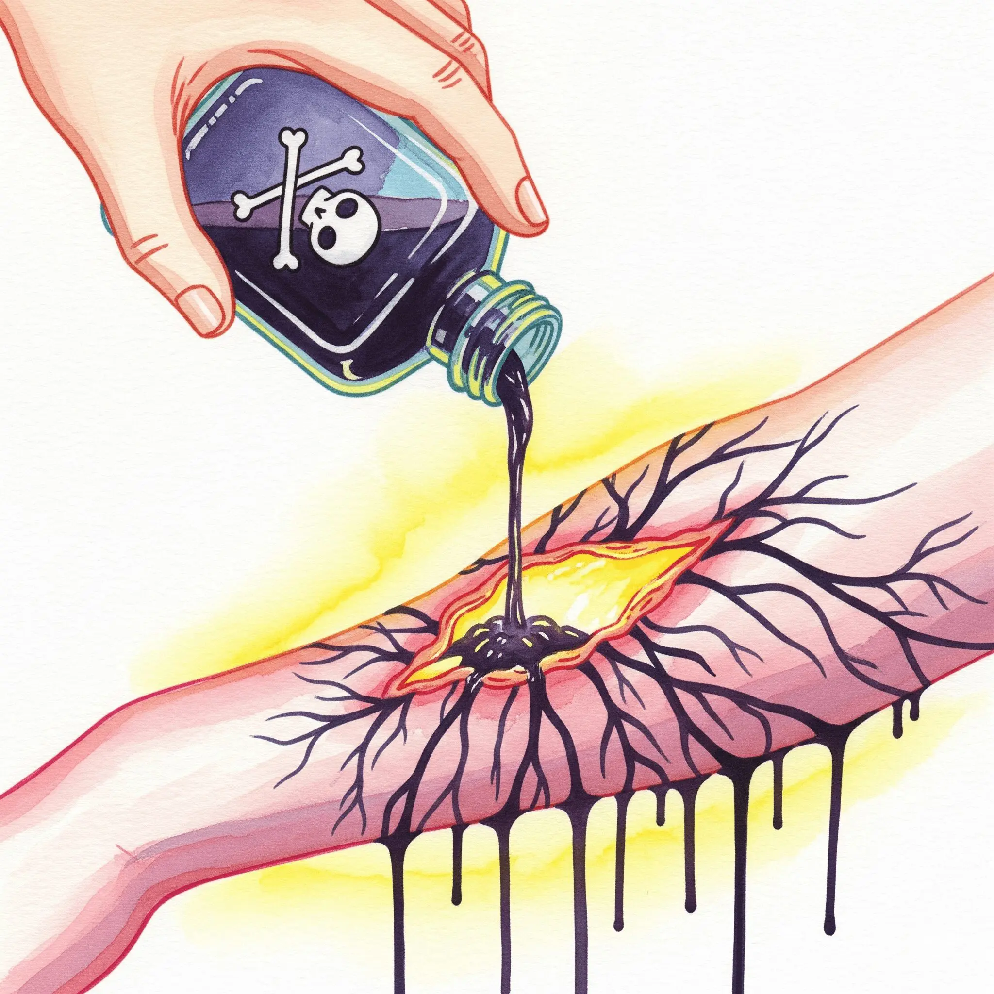 Eine Hand, die Gift auf eine Wunde gießt, als Symbol für die schädliche Wirkung der Selbstmedikation bei Sucht, die das ursprüngliche Problem verschlimmert.