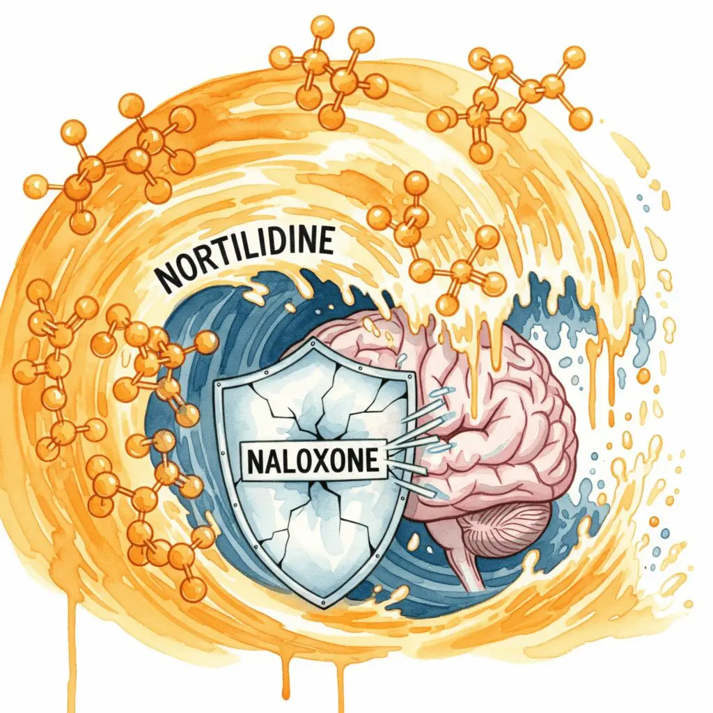 Symbolische Darstellung, wie der Naloxon-Schutz bei einer oralen Überdosis Tilidin versagt und die Opioid-Welle das Gehirn flutet.