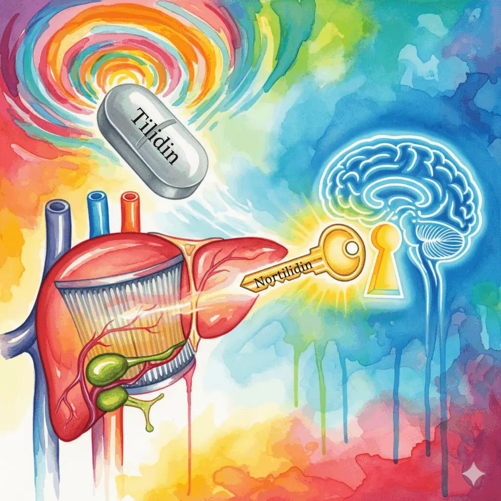 Künstlerische Darstellung der Verstoffwechslung von Tilidin (Prodrug) zu Nortilidin in der Leber und seiner Wirkung im Gehirn.