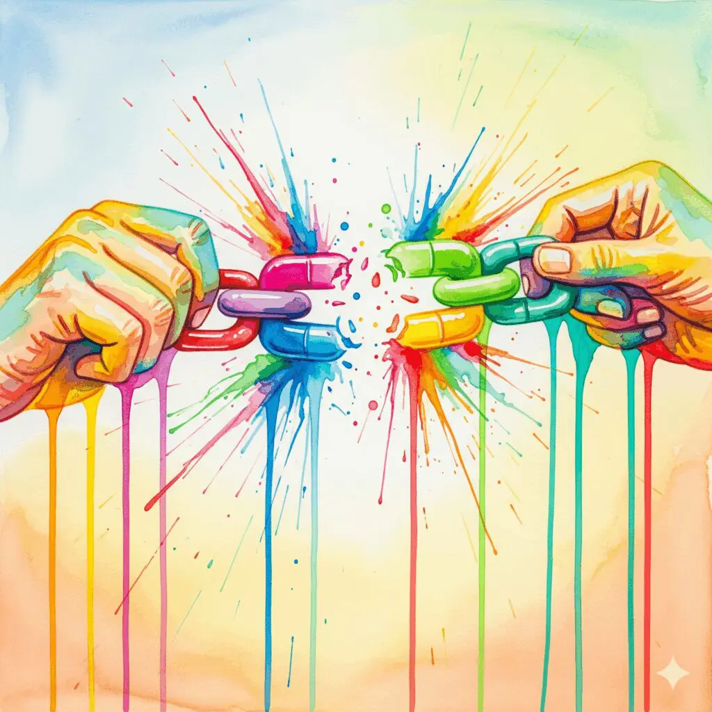 Symbolische Darstellung der Befreiung von einer Doppeldiagnose, gezeigt als Hände, die eine Kette aus Pillen sprengen, in bunten Watercolor-Farben.