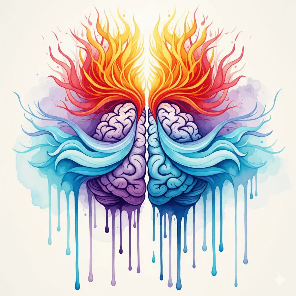 Künstlerische Darstellung der Wirkung von Valproinsäure im Gehirn als Stimmungsstabilisator, gemalt in zerlaufenden Watercolor-Farben, die Chaos beruhigen.