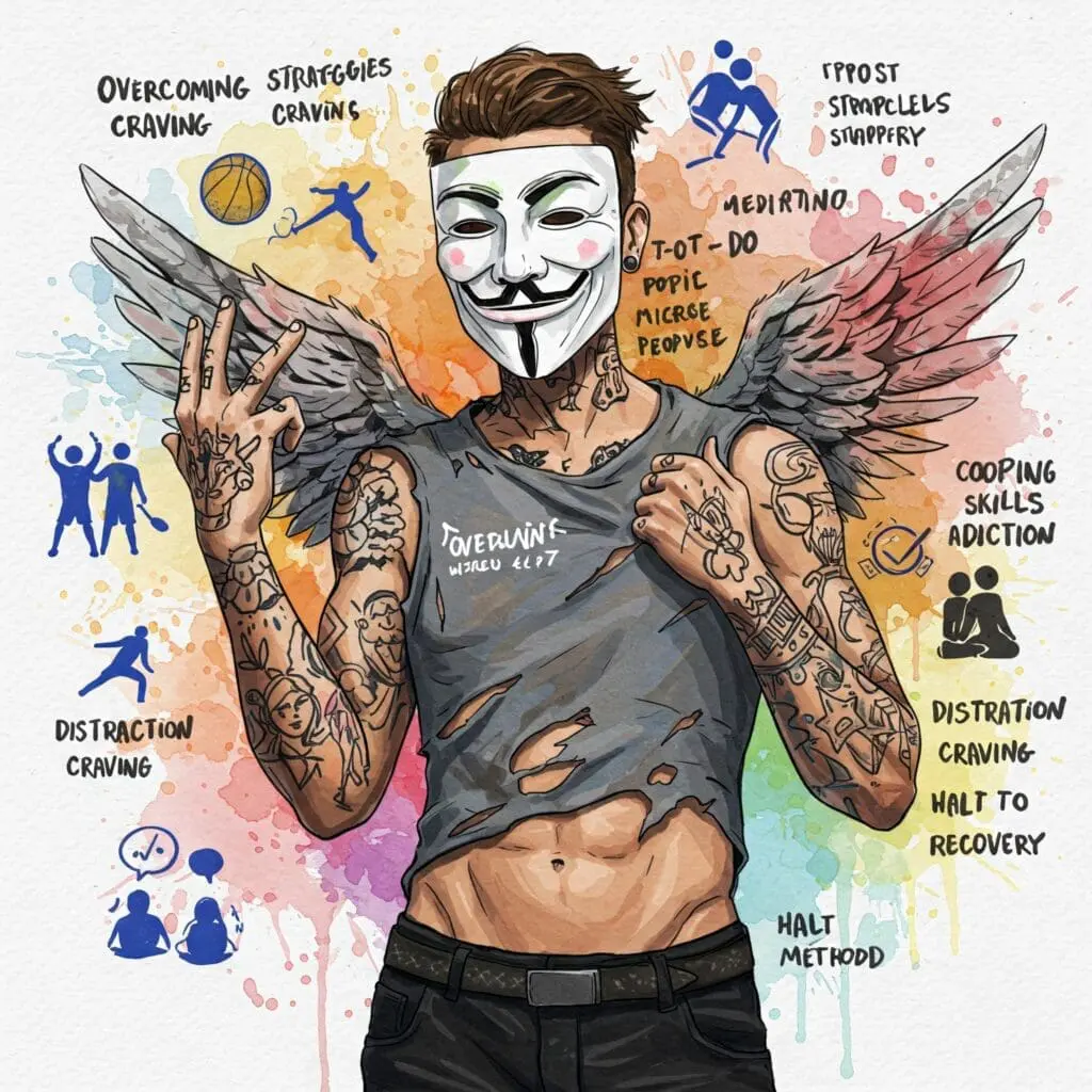 Eine Collage oder Icons, die verschiedene Coping-Strategien darstellen (Sport, Musik, Reden, Achtsamkeit, Notizzettel für Plan). Keywords: Suchtdruck überwinden, Strategien Suchtdruck, Coping Skills Sucht, Ablenkung Suchtdruck, HALT Methode