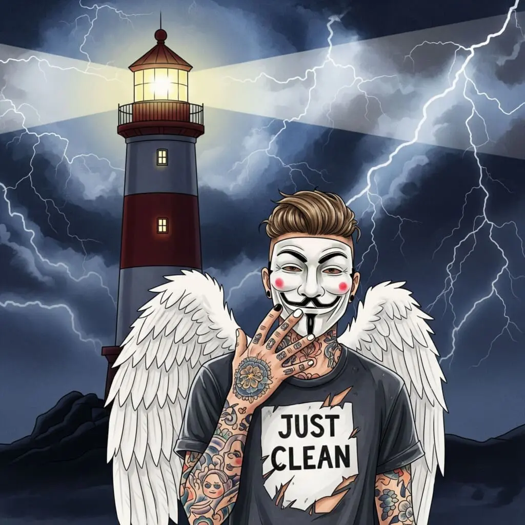 Ein stilisiertes Bild eines Leuchtturms, der in einer stürmischen, dunklen Nacht einen Lichtstrahl aussendet. Symbolisiert die Orientierung und Sicherheit in der Krise. "Hilfe in der Krise", "Drogennotdienst Berlin", "sicherer Hafen Sucht"