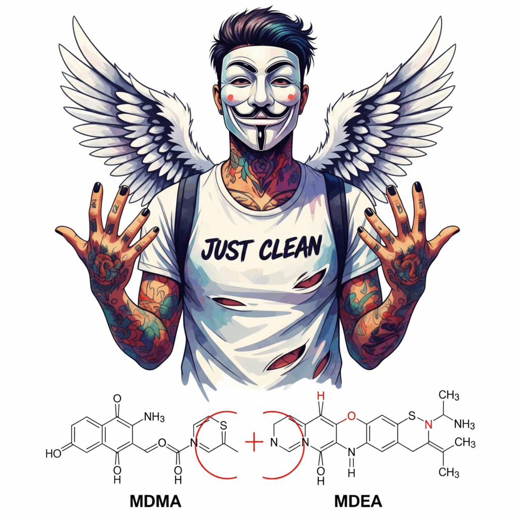 Eine Grafik, die zwei fast identische chemische Strukturformeln zeigt – eine von MDMA, eine von MDEA. Der winzige Unterschied ist rot eingekreist. Symbolisiert die enge Verwandtschaft und die Schwierigkeit der Unterscheidung. "Unterschied MDEA MDMA", "chemische Struktur MDEA", "synthetische Drogen"
