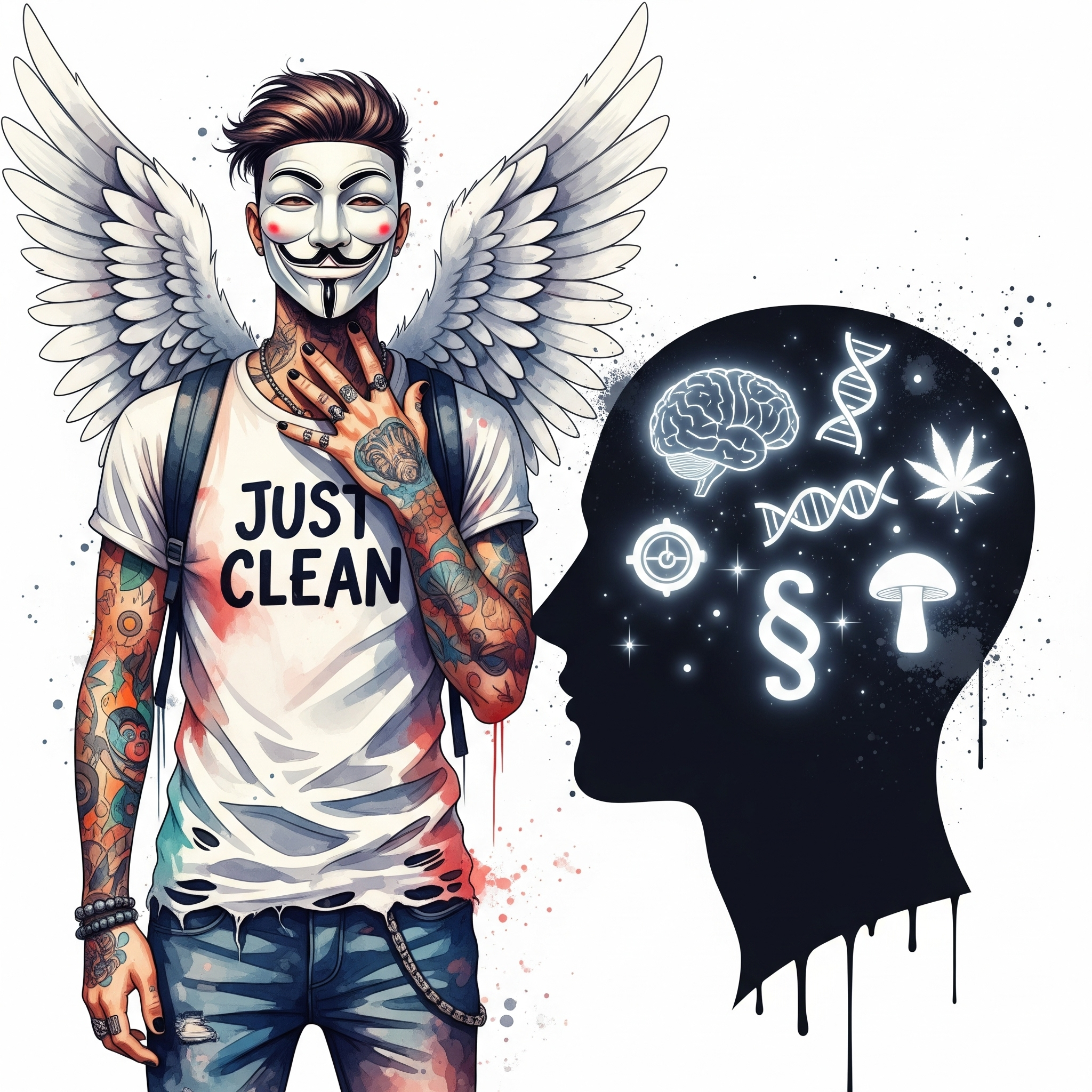 Eine stilisierte Grafik eines Kopfes im Profil. Im Inneren sind verschiedene leuchtende Symbole zu sehen: ein Gehirn, eine DNA-Strang, ein Paragrafenzeichen, eine Pilz-Silhouette. Symbolisiert die Themenvielfalt des Podcasts "Podcast Themen Drogen", "wissenschaftliche Aufklärung", "Harm Reduction"