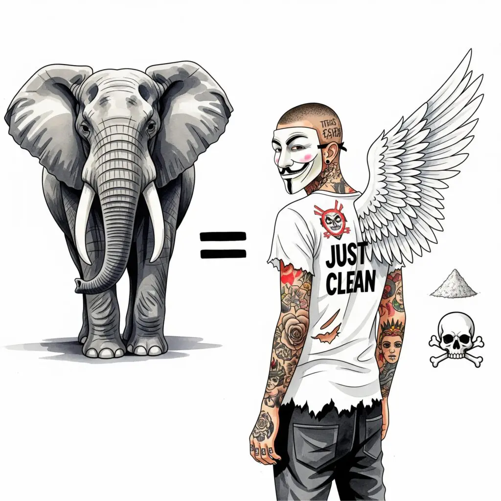 Ein sehr grafisches Bild. Links ein großer Elefant. In der Mitte ein Gleichheitszeichen (=). Rechts eine winzige Menge Pulver, kaum größer als ein paar Salzkörner, neben einem Totenkopf-Symbol ☠️. Symbolisiert die extreme Potenz. "Carfentanyl Potenz", "tödliche Dosis Carfentanyl", "Elefanten-Betäubungsmittel"
