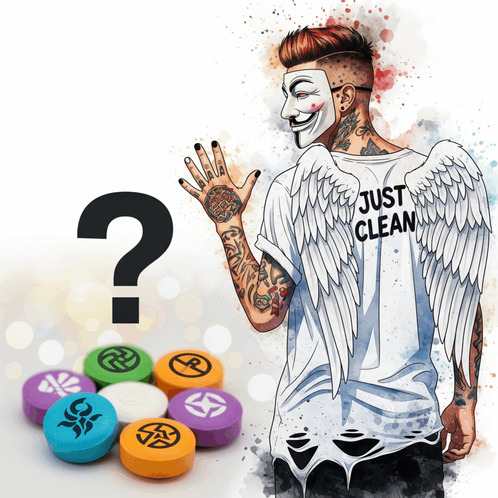 Ein Bild von mehreren bunten Ecstasy-Pillen mit verschiedenen Logos. Über den Pillen schwebt ein großes Fragezeichen ?. Symbolisiert die Unsicherheit über die wahren Inhaltsstoffe. "Inhalt von Ecstasy-Pillen", "Drug-Checking", "Gefahr von Streckmitteln"