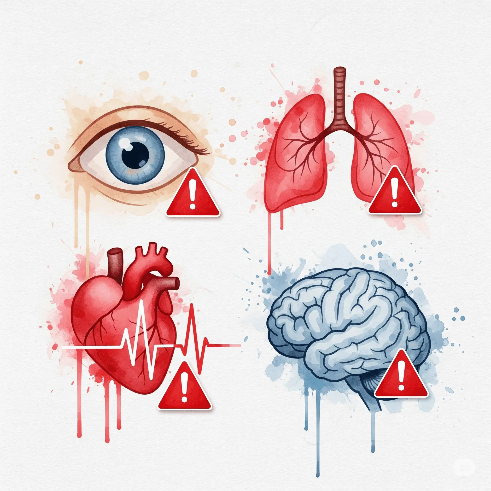 Eine klare, einfache Infografik mit Piktogrammen für die wichtigsten Alarmsignale: ein Auge (Pupillen), eine Lunge (Atmung), ein Herz mit Pulslinie (Kreislauf) und ein Gehirn (Bewusstsein). Jedes Symbol ist mit einem roten Warnzeichen versehen. "Drogennotfall Symptome", "Anzeichen Überdosis", "Erste Hilfe bei Drogen"
