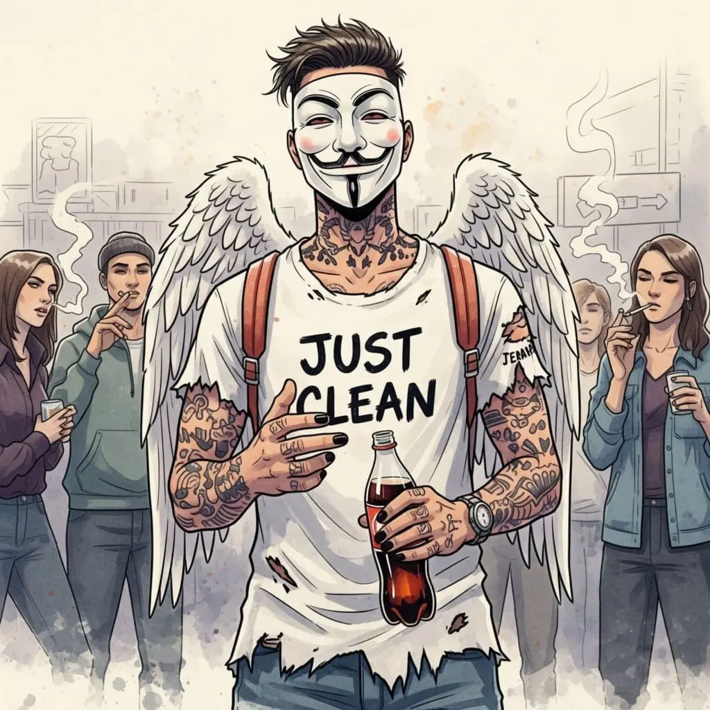 Eine Person steht in einer Gruppe, hält selbstbewusst eine Limoflasche in der Hand und lächelt, während andere im Hintergrund rauchen. Symbolisiert das selbstbewusste Nein-Sagen."Nein sagen zu Drogen", "Gruppenzwang widerstehen", "clean bleiben auf Partys"