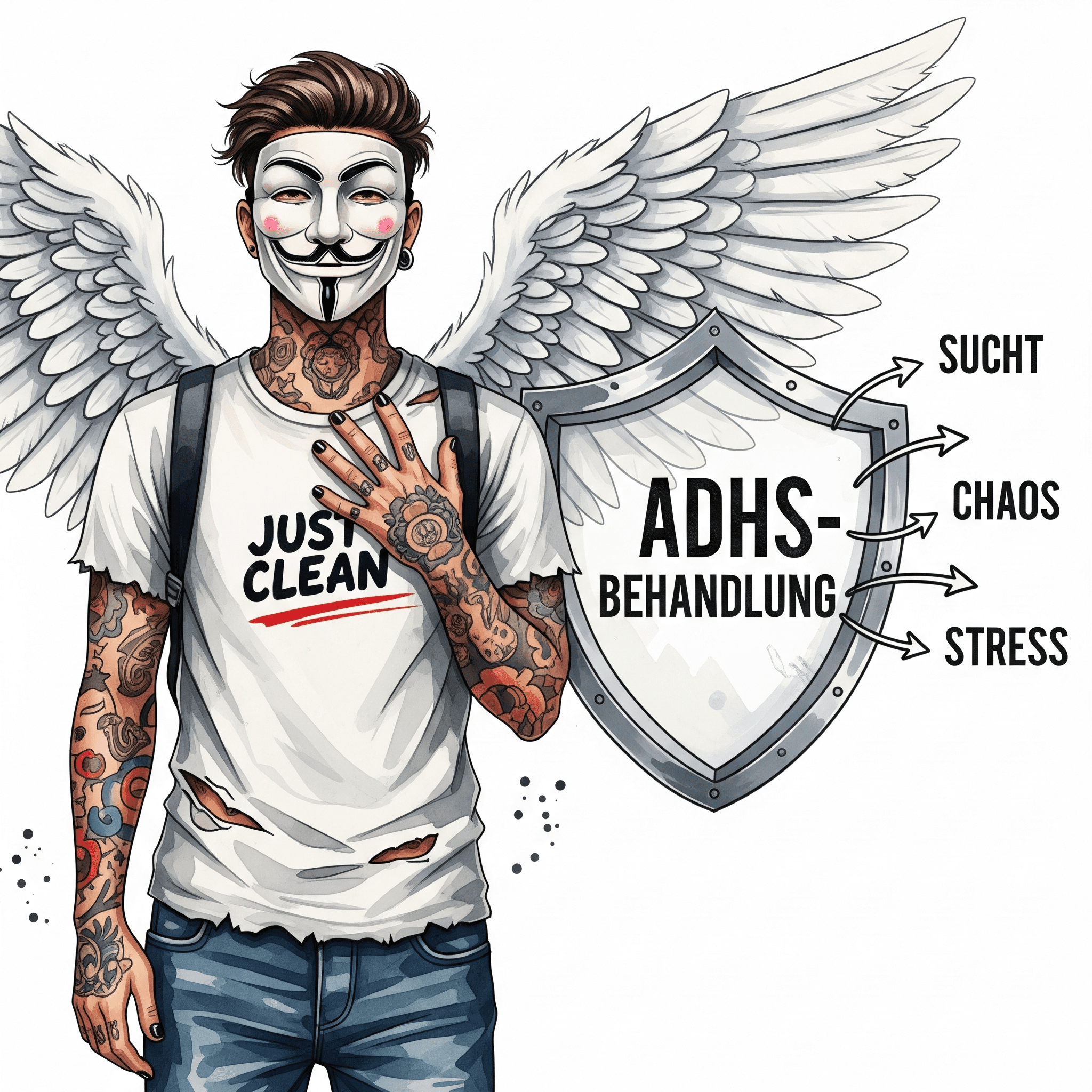 Eine stilisierte Grafik eines Schutzschildes mit der Aufschrift "ADHS-Behandlung". Von außen prallen Pfeile mit den Aufschriften "Sucht", "Chaos", "Stress" daran ab. Symbolisiert die schützende Wirkung einer guten Behandlung. "ADHS Behandlung als Schutz", "Suchtprävention bei ADHS", "Therapie ADHS"