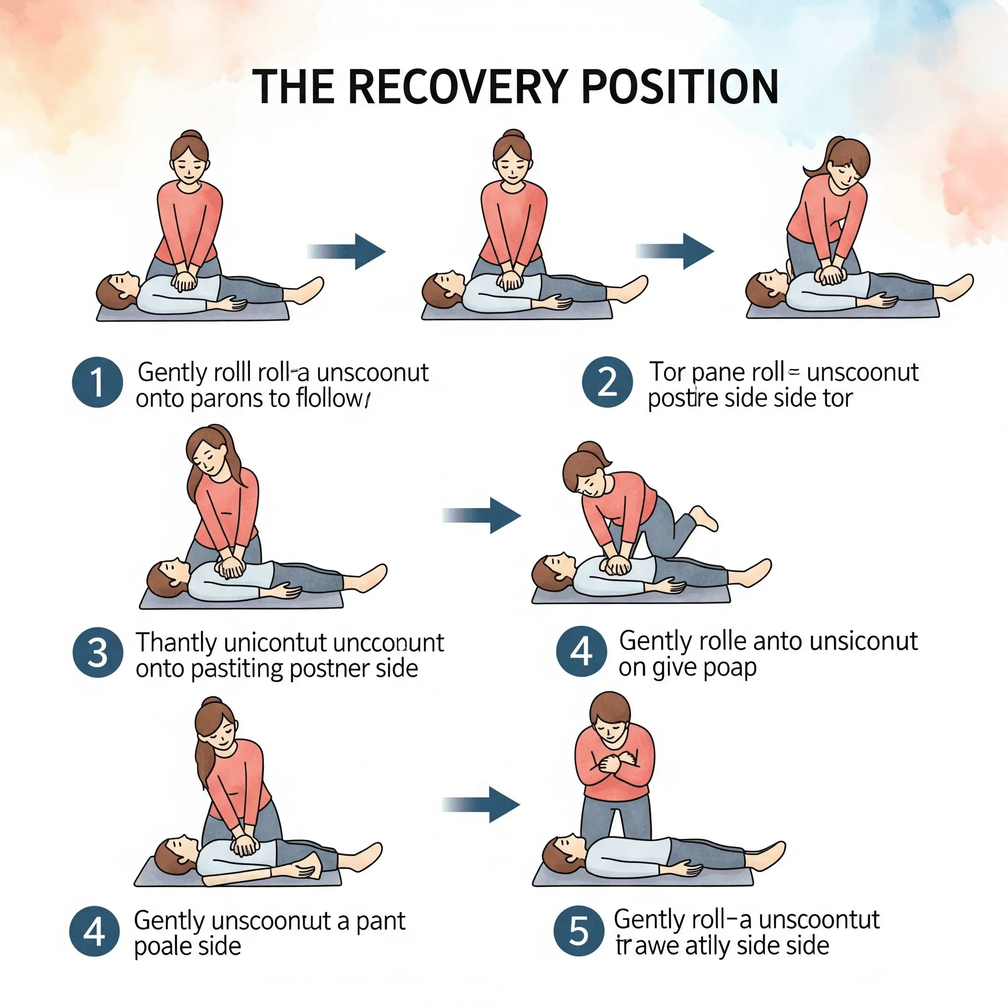 Eine klare, schrittweise Infografik, die die stabile Seitenlage zeigt. Einfache, verständliche Piktogramme, die jeder nachmachen kann. "stabile Seitenlage Anleitung", "Erste Hilfe bei Bewusstlosigkeit", "lebensrettende Sofortmaßnahmen"