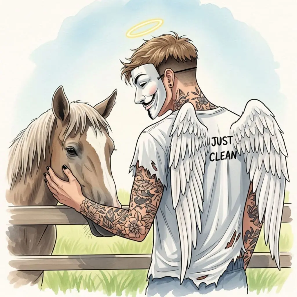 Eine Person streichelt sanft ein Pferd. Die Szene ist ruhig und vertrauensvoll. Symbolisiert die tiergestützte Therapie und das Finden von emotionalem Zugang. "tiergestützte Therapie Sucht", "Kleine Farm Scarabäus", "Verantwortung lernen"