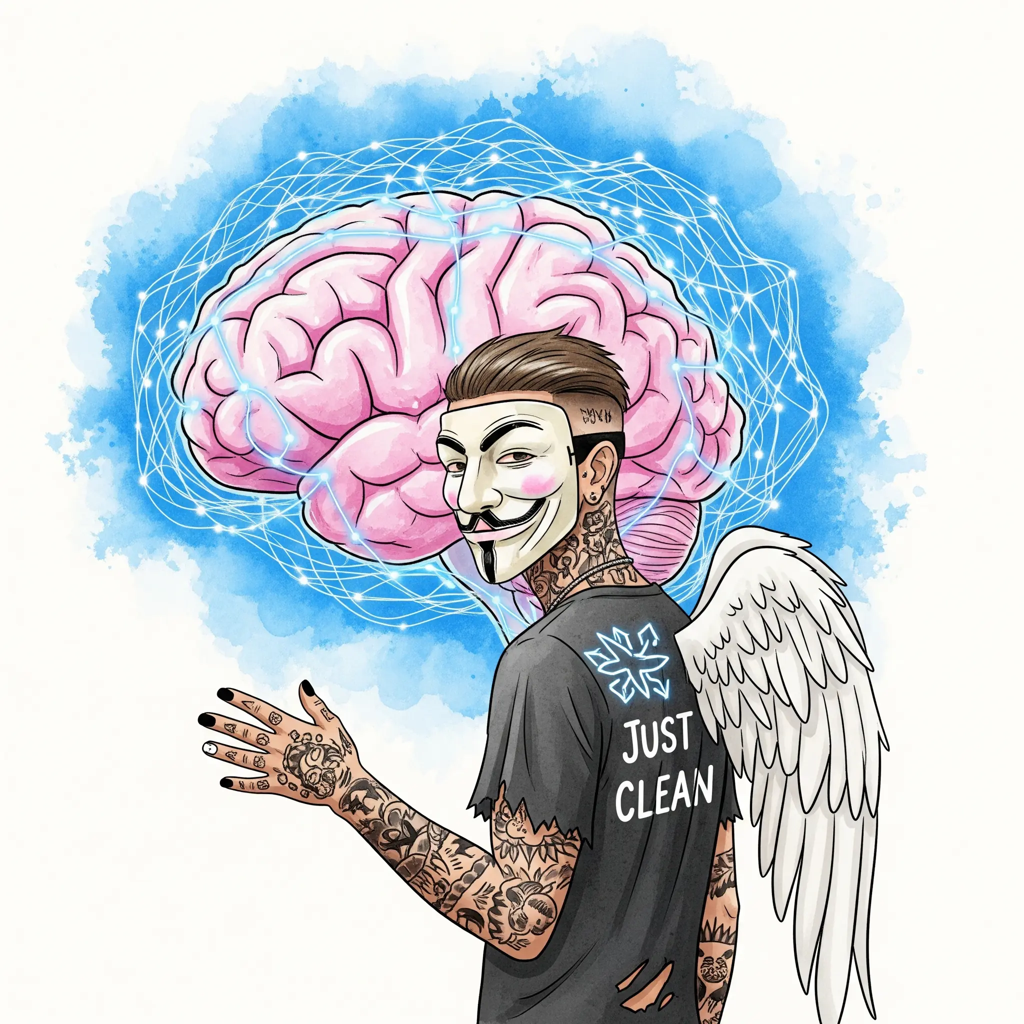 Eine abstrakte, stilisierte Grafik eines Gehirns mit leuchtenden, überaktiven neuronalen Verbindungen. Farben wie Blau und Pink könnten die stimulierende und euphorische Wirkung darstellen. "Wirkung von Amphetaminen im Gehirn", "Dopamin-Ausschüttung", "Speed und Psyche"