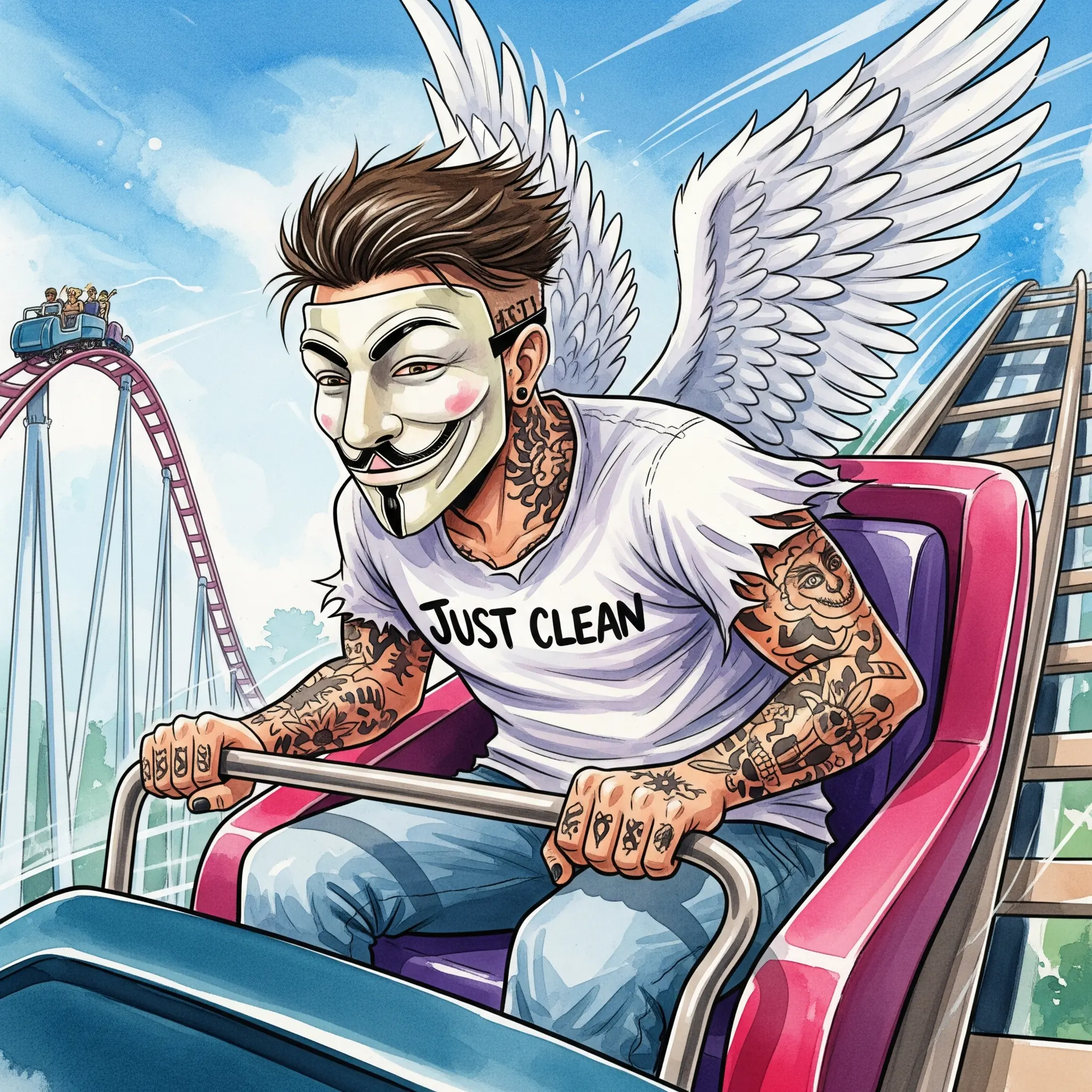 Eine dynamische Aufnahme von einer Person auf einer Achterbahn, kurz vor der Abfahrt, mit einem Ausdruck von aufgeregter Anspannung im Gesicht. Symbolisiert den positiven Adrenalinkick. "Adrenalinkick erleben", "Achterbahnfahrt Gefühl", "Nervenkitzel"