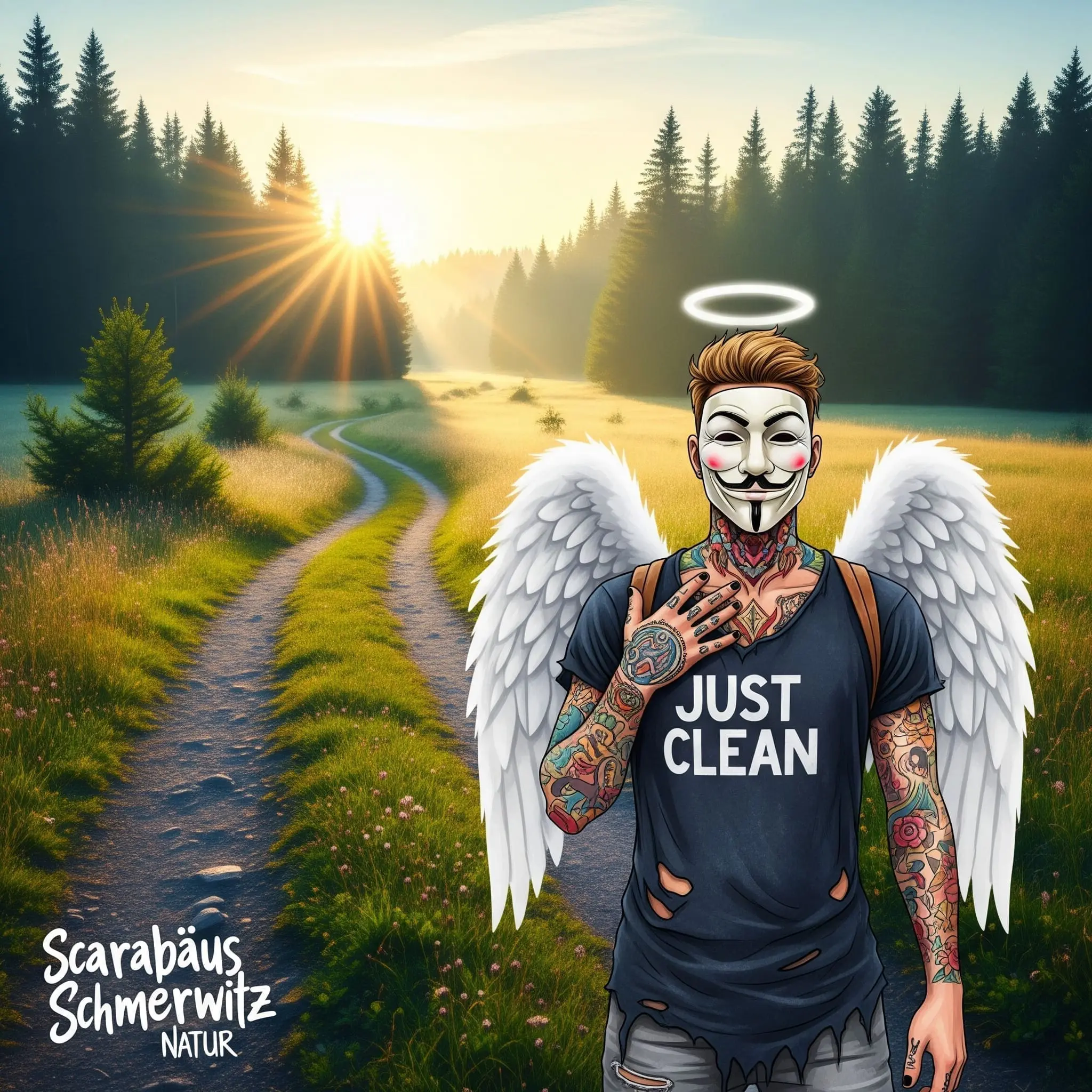 Eine weite, ruhige Landschaftsaufnahme vom Hohen Fläming. Ein Waldweg, eine Wiese bei Sonnenaufgang. Symbolisiert den sicheren, naturnahen Ort und den Neuanfang. "Scarabäus Schmerwitz Natur", "Ruhe finden im Entzug", "Hoher Fläming"