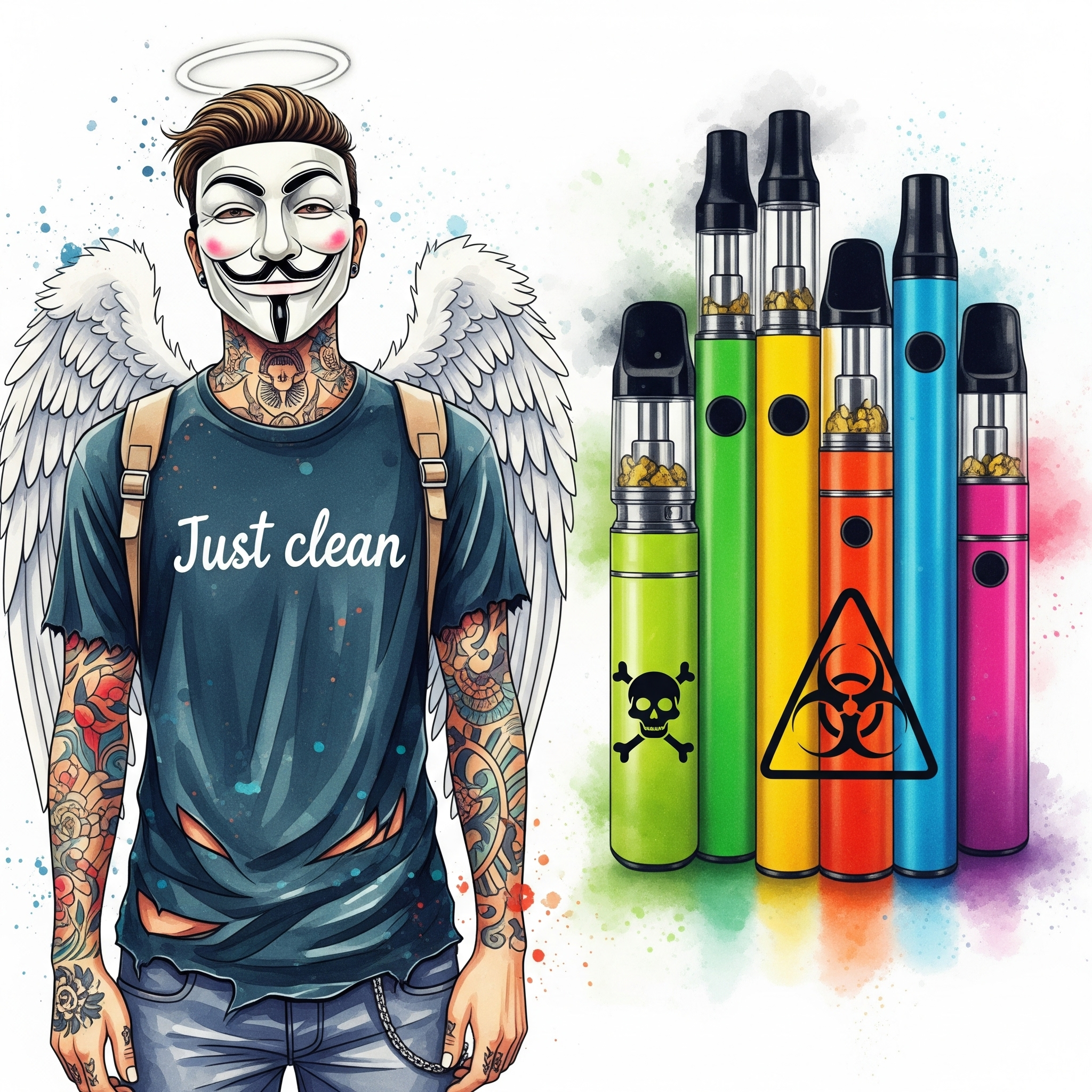 Eine Reihe von bunten, harmlos aussehenden Vape-Pens. Einer davon ist jedoch deutlich als Totenkopf ☠️ oder mit einem Biohazard-Symbol ☣️ gekennzeichnet. Symbolisiert die versteckte, tödliche Gefahr in einem scheinbar harmlosen Produkt. "Gefahr von THC Vapes", "Görke Droge", "synthetische Cannabinoide"