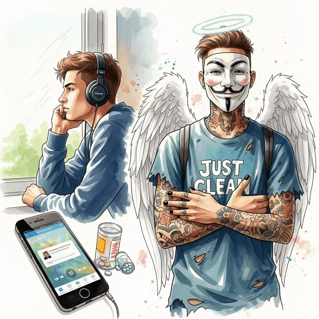 Ein Jugendlicher mit Kopfhörern, der nachdenklich aus dem Fenster schaut. Im Vordergrund sind unscharf ein Smartphone mit einer Musik-App und eine leere Tablettenpackung zu sehen. Symbolisiert die Gedankenwelt und die Einflüsse. "Einfluss von Deutschrap", "Jugendliche und Drogen", "Sorgen von Eltern"