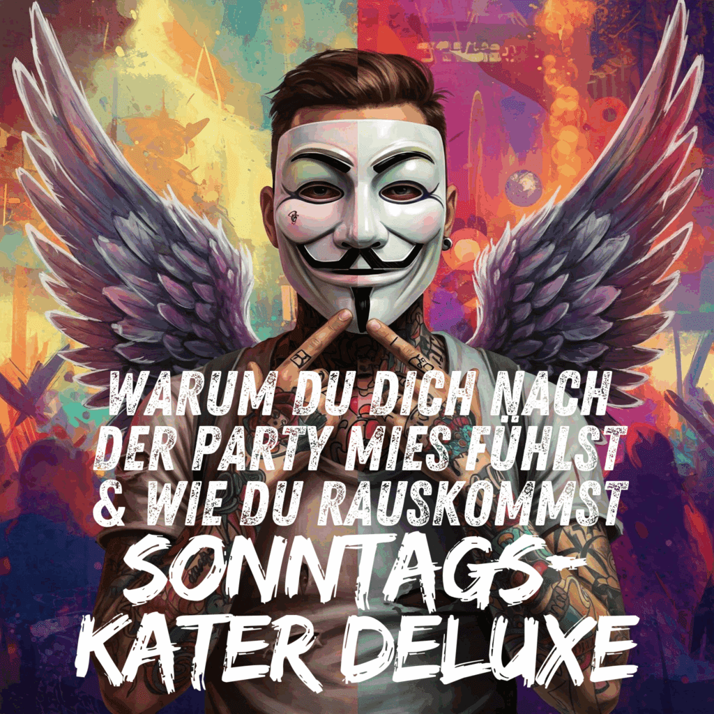 Ein Bild, das den Kontrast zeigt – vielleicht eine Split-Screen-Aufnahme: Links eine ausgelassene Partyszene, rechts jemand, der am Sonntag fertig auf dem Sofa liegt. Oder ein stylisiertes Bild, das einen "Katerkopf" symbolisiert. Keywords: Sonntag Kater, Party Absturz, Wochenende Drogen Alkohol, Hangover Gefühl