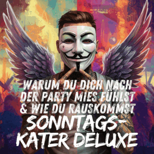 Ein Bild, das den Kontrast zeigt – vielleicht eine Split-Screen-Aufnahme: Links eine ausgelassene Partyszene, rechts jemand, der am Sonntag fertig auf dem Sofa liegt. Oder ein stylisiertes Bild, das einen "Katerkopf" symbolisiert. Keywords: Sonntag Kater, Party Absturz, Wochenende Drogen Alkohol, Hangover Gefühl