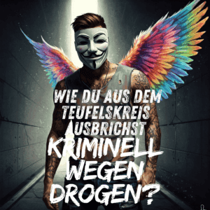 Bild in bunten lebendigen / realistischen Watercolor Farben. Ein sportlicher Mann mit Anonymous Maske. Er ist tätowiert,  hat schwarze und weiße lackierte Fingernägel und einen zerfranztes Hemd und Engelsflügel auf dem Rücken.  Ein Bild, das einen Teufelskreis oder eine Sackgasse symbolisiert, vielleicht düster gehalten, aber mit einem kleinen Lichtblick. Keywords für Alt-Text: Teufelskreis Drogen, Sucht Sackgasse, Beschaffungskriminalität Anfang, Jugend Drogenprobleme