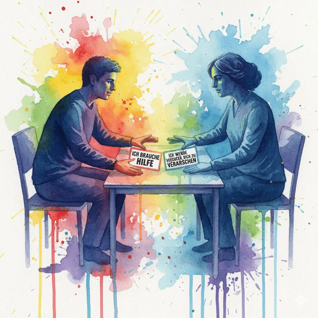 Alt-Text: Eine Person legt in der Therapie zwei Karten auf den Tisch: "Ich brauche Hilfe" und "Ich werde versuchen, dich zu verarschen". Symbol für radikale Ehrlichkeit bei der Doppeldiagnose.