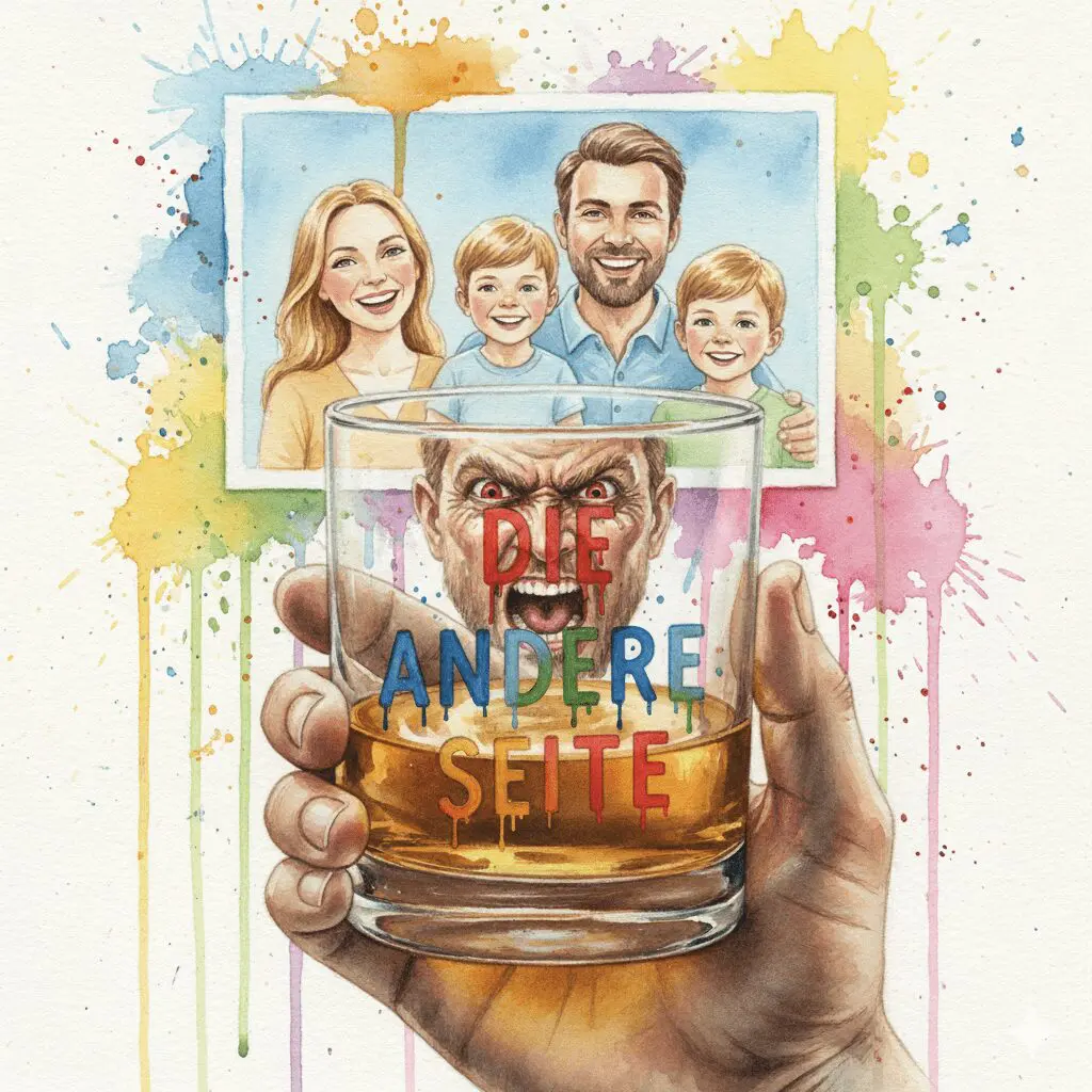 Ein Whiskey-Glas verzerrt das Gesicht eines Vaters auf einem Familienfoto zu einer Monster-Fratze, als Symbol für alkohol-induzierte Aggression.