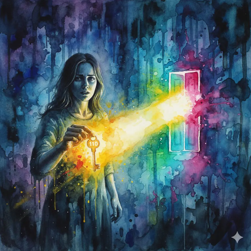 Eine Frau in einem dunklen Raum hält einen leuchtenden Schlüssel mit der Nummer 110, der eine Tür zur Freiheit beleuchtet. Symbol für den Notruf als Ausweg aus häuslicher Gewalt.