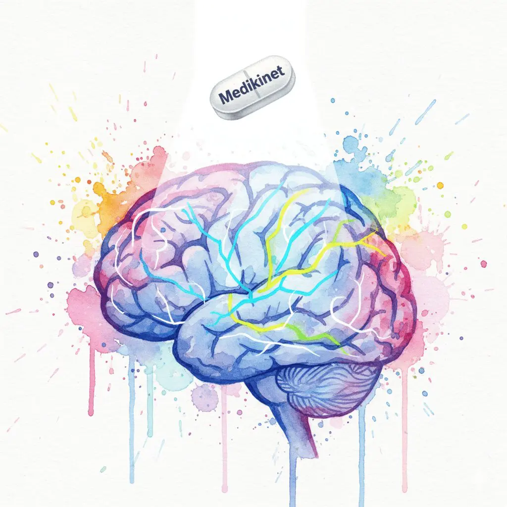 Künstlerische Darstellung der Wirkung von Medikinet bei ADHS, bei dem schwache neuronale Signale verstärkt und fokussiert werden.