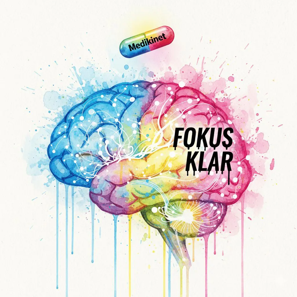 Künstlerische Darstellung der Wirkung von Medikinet bei ADHS, bei dem schwache neuronale Signale verstärkt und fokussiert werden.
