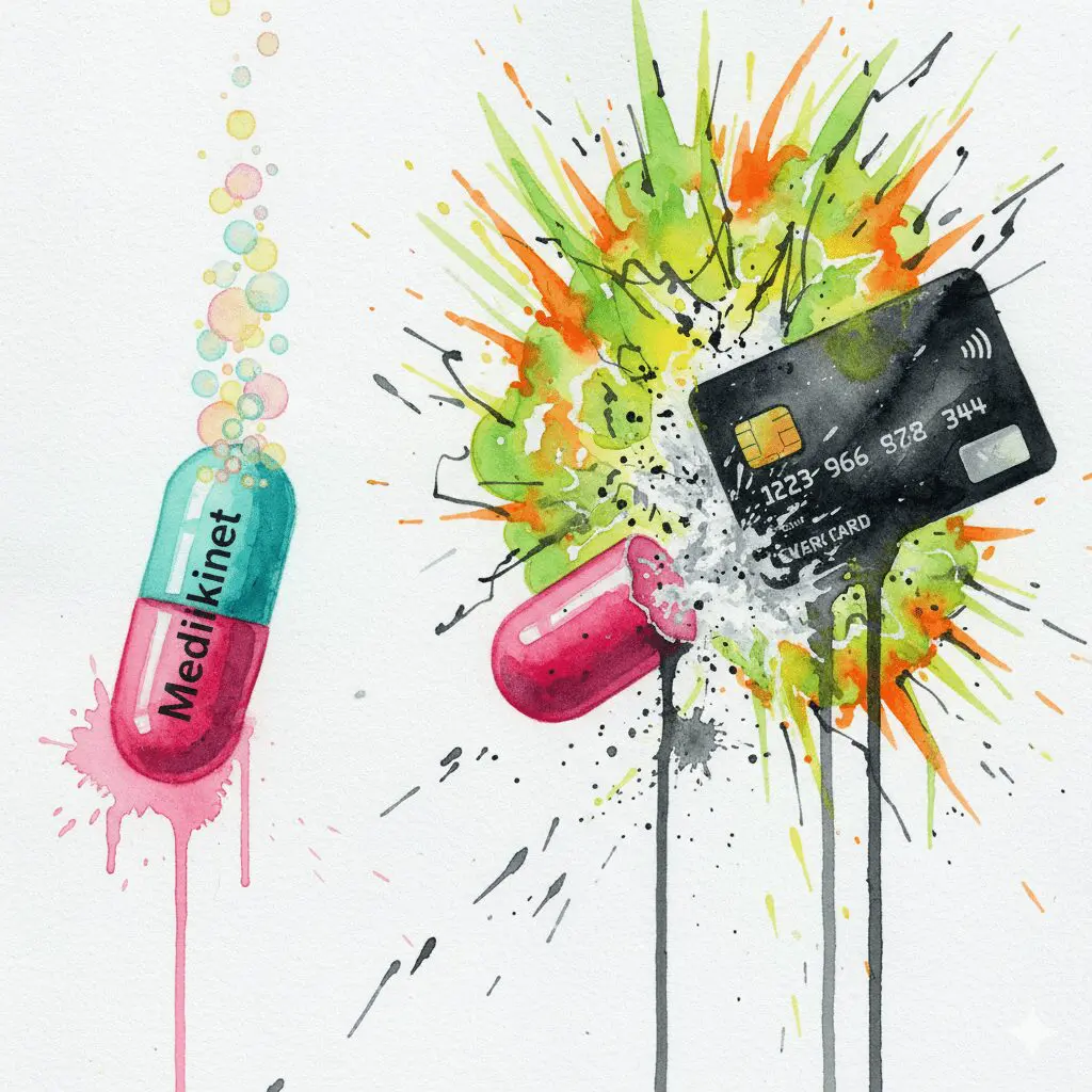 Symbolische Darstellung des Missbrauchs von Medikinet, bei dem eine Retard-Kapsel zerkleinert wird, um einen schnellen, gefährlichen Rausch zu erzeugen.