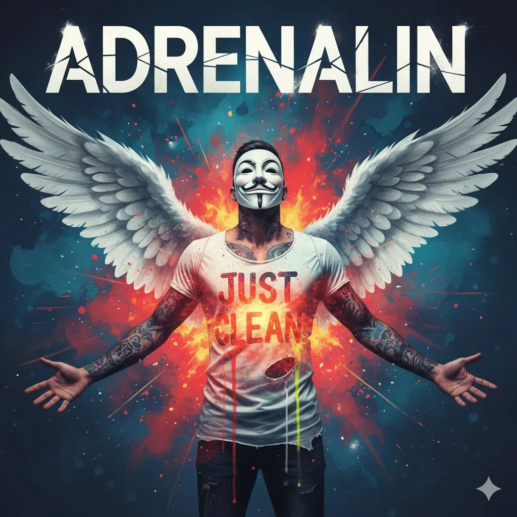 Titelbild zum Thema Adrenalin mit der NeelixberliN-Figur: Junger Mann mit Anonymous-Maske, Tätowierungen, weiß-schwarz lackierten Nägeln, weißen Engelsflügeln und einem zerfransten "Just Clean"-T-Shirt. Er ist von einem dynamischen, explosiven Feuerwerk aus Energie umgeben, mit dem prominenten Schriftzug "ADRENALIN" oben.