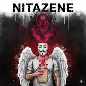 Titelbild zum Thema Nitazene mit der NeelixberliN-Figur (Anonymous-Maske, Engelsflügel, "Just Clean"-Shirt). Die Figur hält eine Droge, aus der ein leuchtender Totenkopf-Geist (das Nitazen) aufsteigt, um die versteckte, tödliche Gefahr zu symbolisieren. Oben steht der Titel "NITAZENE".