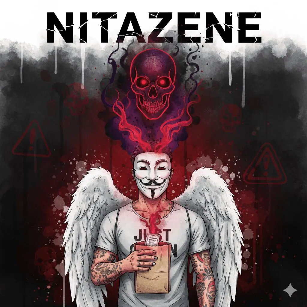 Titelbild zum Thema Nitazene mit der NeelixberliN-Figur (Anonymous-Maske, Engelsflügel, "Just Clean"-Shirt). Die Figur hält eine Droge, aus der ein leuchtender Totenkopf-Geist (das Nitazen) aufsteigt, um die versteckte, tödliche Gefahr zu symbolisieren. Oben steht der Titel "NITAZENE".