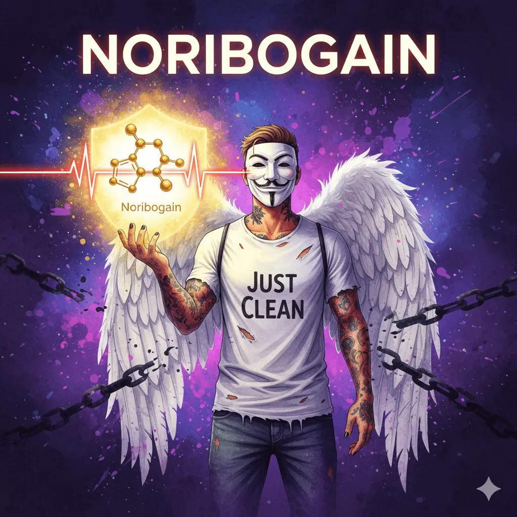 Titelbild zum Thema Noribogain mit der NeelixberliN-Figur (Anonymous-Maske, Engelsflügel, "Just Clean"-Shirt). Die Figur hält ein leuchtendes Noribogain-Molekül als Schutzschild gegen Sucht, doch ein roter EKG-Blitz warnt vor dem Herzrisiko. Oben steht der Titel "NORIBOGAIN".