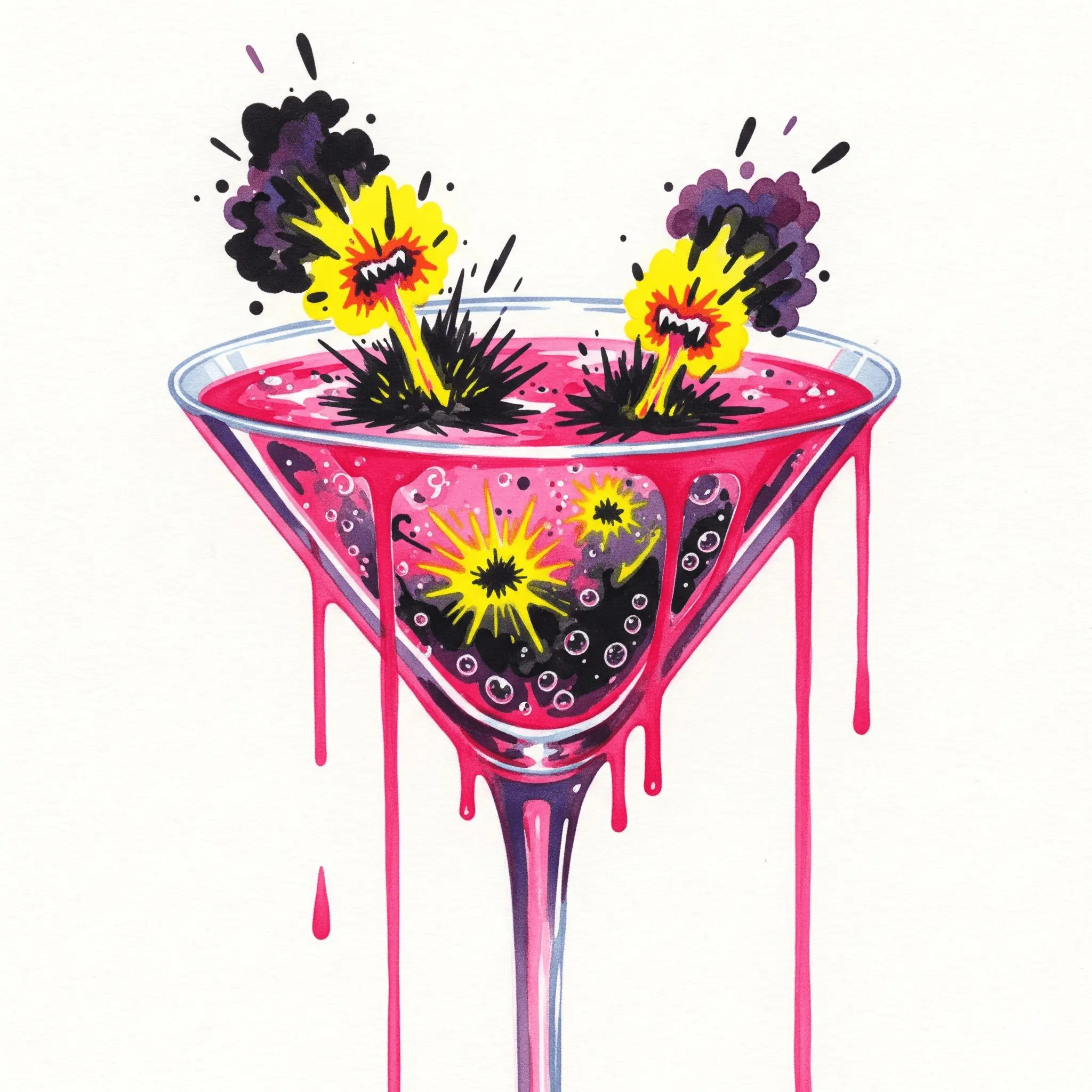 Symbolische Darstellung von "Pink Cocaine" als gefährlicher Drogen-Cocktail in einem Glas, gemalt in chaotischen und zerlaufenden Watercolor-Farben.